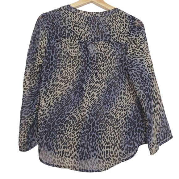 Collective Concepts | Leopard Print Sheer Button Front Blouse Roll Tab Sleeves - Picture 3 of 8